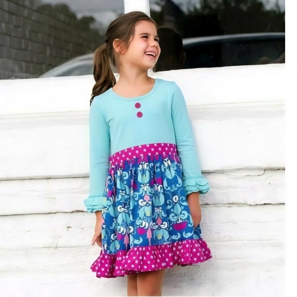 Eleanor Rose Girls Size 5/6 Rhonda Long Sleeve Blue Boutique Dress Ruffle Cuff